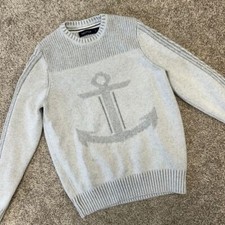 Nautica Intarsia Anchor Pullover Crewneck Sweater Men Size Small Gray 623 