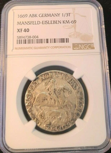 1669 GERMANY 1/3 THALER MANSFELD EISLEBEN KM 69 NGC XF 40 FINEST KNOWN TOP POP 1