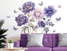 3D Large Purple Flowers Butterflies Leaf Wall Stickers Removable Peel and Sti...