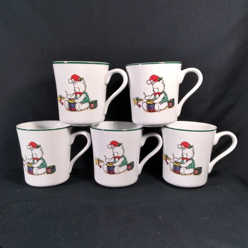 5 Anchor Hocking Christmas Holiday MEMORIES Teddy Bear Coffee Cups