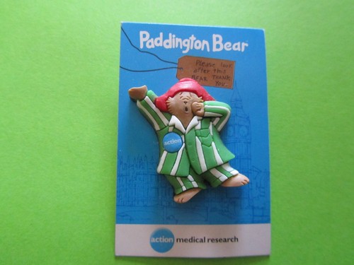 Paddington Bear PIN BADGE ON Sales Cards NEW-STRIPED SUIT-MEDICAL RESEARCH