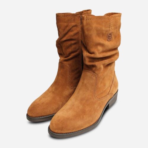 Tamaris Ruched Boots in Cognac Suede Leather - Picture 1 of 5