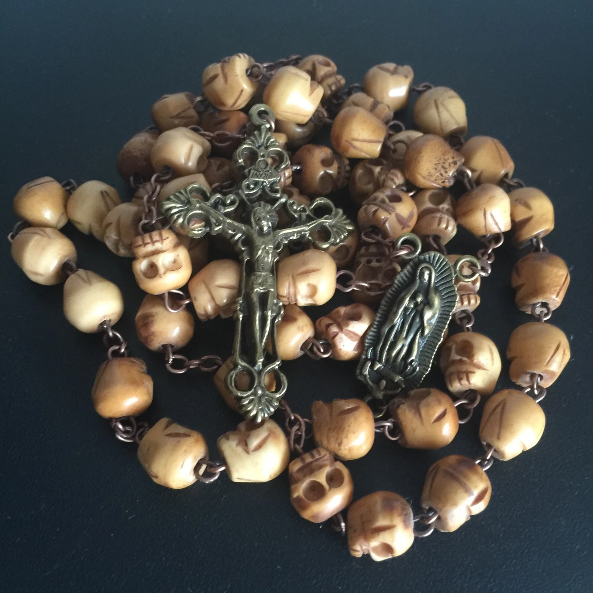 VINTAGE TIBET OXEN BONE SKULL BEADS ROSARY CRUCIFIX CATHOLIC NECKLACE CROSS GIFT