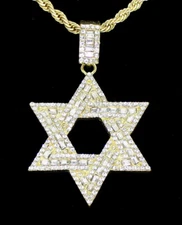 Mens Cz 6 Point Star of David Pendant 14k Gold Plated Rope Chain Hip Hop Jewelry