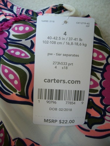 Nuevo Vestido de Verano Carters Niñas Pequeñas Tallas 3T y 4 Nuevo con Etiquetas - Imagen 6 de 7