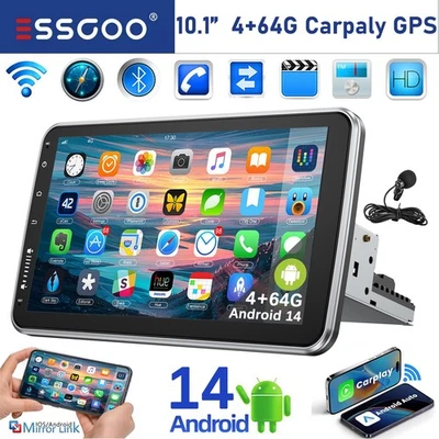 ESSGOO DAB+ 4+64GB Android 14 Carplay Autoradio GPS Navi 1 DIN 360° Drehbar Bildschirm