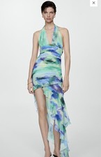 Mango Blue Green Abstract Halter Sleeveless Backless Ruffle Midi Dress XS