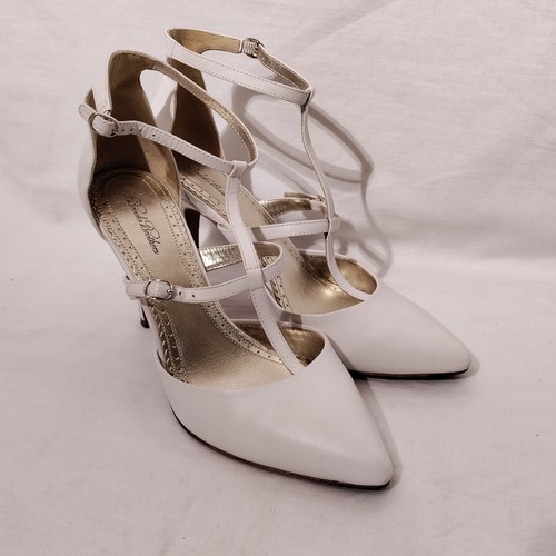 Brooks Brothers White Leather Strap Pointed Toe Stiletto Pumps 3.5" Heel Sz 8
