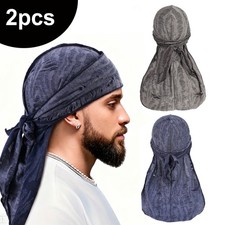 2PCS Retro Pirate Beanie Hat Bandana Durag Men's Headband Hip Hop Singer Turban