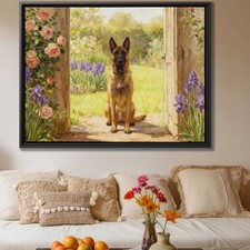 Dog Belgian Malinois Oil Painting Floral Artwork Garden Scene Wall Decor Canvas