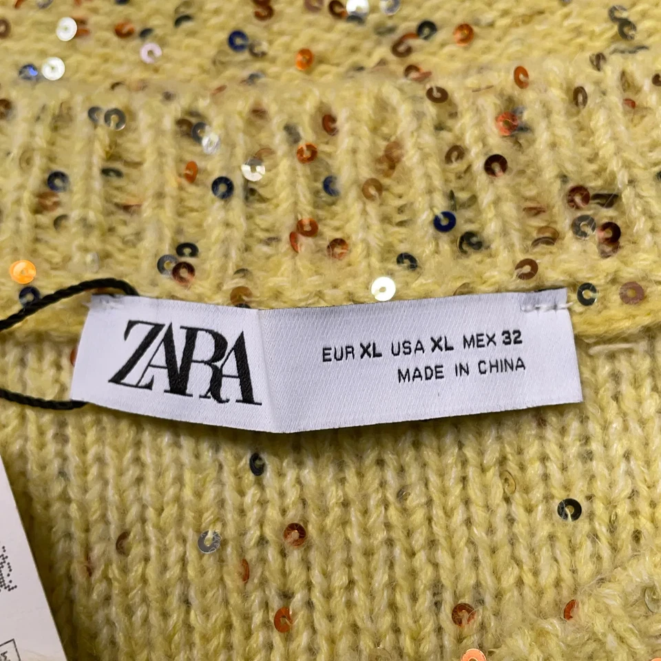 Zara, pull en tricot, taille : XL, jaune/argent, acrylique/polyamide/polyeste... - Photo 3/4