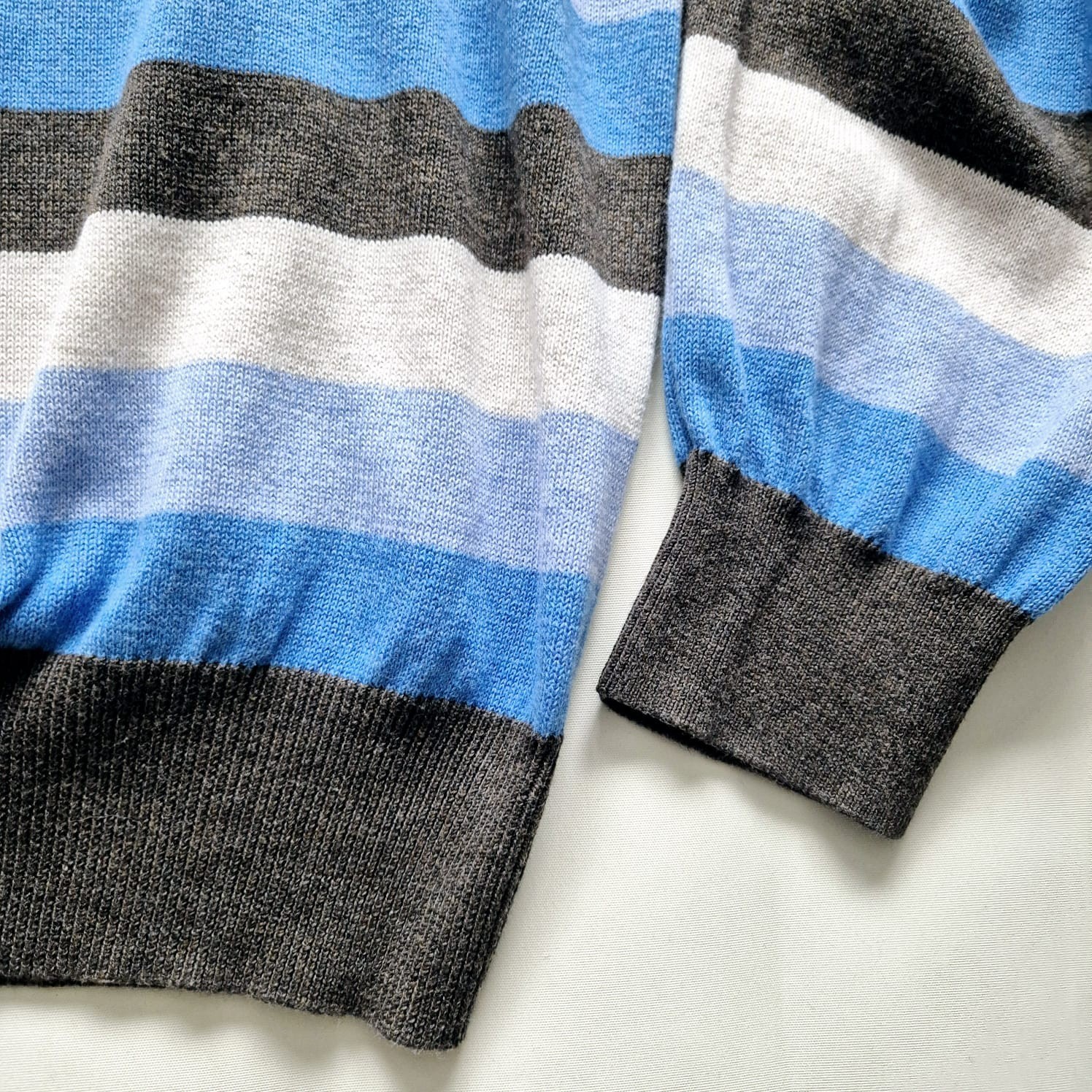 RJR John Rocha Men’s Jumper XL Blue Grey Striped V-Neck 100percent Cotton VGC image 4