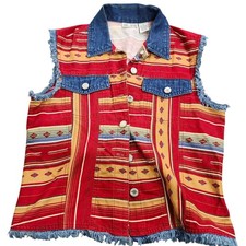 Vintage Style Southwestern Denim Trim Vest Women's Small Aztec Western Boho