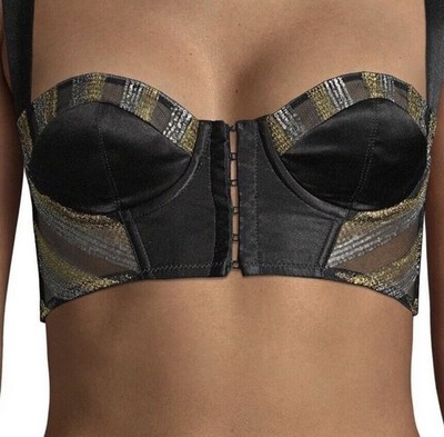 NWT $305 Kiki De Montparnasse Black/Silver Silk Corset Bra 34C Lurex Corselette