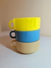 3 Vintage Glasbake Mid Century D Handle Soup Chili Bowls Mugs Yellow, Blue, Tan