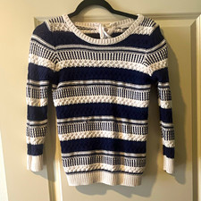 LOFT Striped Cable-Knit Lace-Up Back Sweater Womens S Navy/White Crew Neck