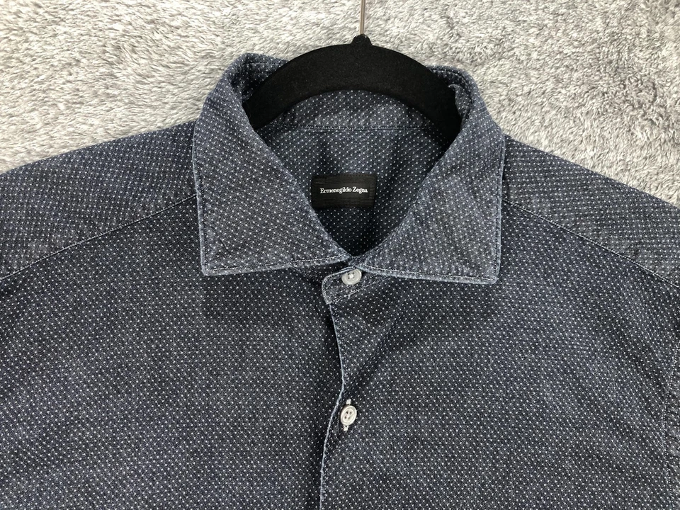 Camisa Ermenegildo Zegna Para Hombres Grande Azul Patrón de Lunares Vestido Manga Larga Elastizado Foto 4 de 4