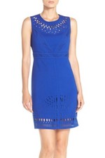 Eliza J Laser Cut Crepe Sheath Dress NWT Sz 4 ModCloth Mingling Mood Cobalt Blue