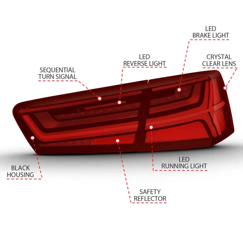 ANZO se adapta a Audi A6 2012-2018 luz trasera LED carcasa negra lente roja/transparente 4 piezas (se Foto 2 de 4