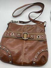 "KATHY VAN ZEELAND" Leather Brown/Tan Logo Cross body Messenger Bag/Purse CUTE