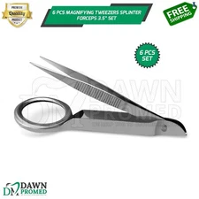6 Pcs Magnifying Tweezers Splinter Forceps 3.5" With Magnifier First Aid Inst