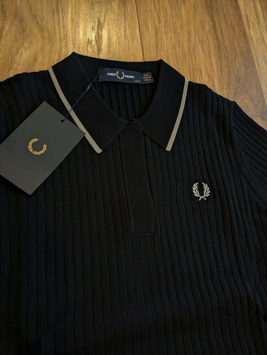 Womens Fred Perry Sheer Trim Knitted Shirt Dress UK Size 6 Womens Fred Perry Sheer Trim Knitted Shirt Dress UK Size 6