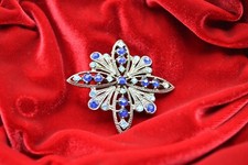 Antique Silver Tone Blue Rhinestone Starburst Brooch Filigree Snowflake Pin 2in