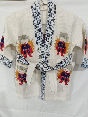 Indian Handmade Waffle Cotton Bathrobe, Floral Block Print Kimono Robe Kid Size