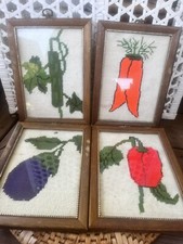 Needlepoint Carrot, Eggplant, Pepper, Cucumber Vintage Handmade Framed