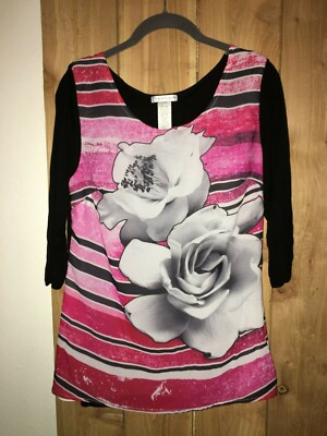 Hannah Womens Black & Pink Top w White Roses size Small