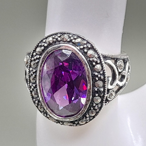 Vintage Purple Crystal Ring, Marcasite Accents, US Size 8.25 - Picture 1 of 12