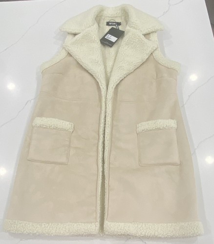 Misguided Women's Beige Faux Shearling Lined Open Sleeveless Vest - Size 12