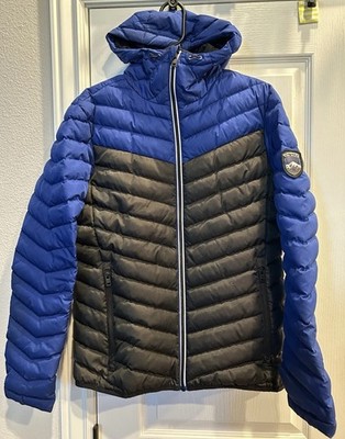 Superdry Mens Small Blue Black Chevron Color Block Coat Jacket Core Down Puffer