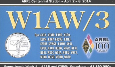 Amateurfunk QSL/QSO W1AW/3 Pennsylvania USA 2014 ARRL Centennial 10m 15m CW