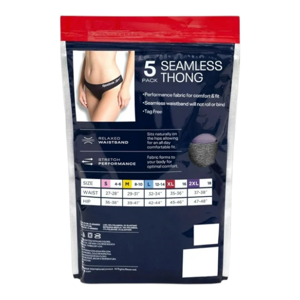 Reebok Women's Seamless Thong, 5-Pack Size Large Pink Gray Mauve Purple - Image 3 of 4
