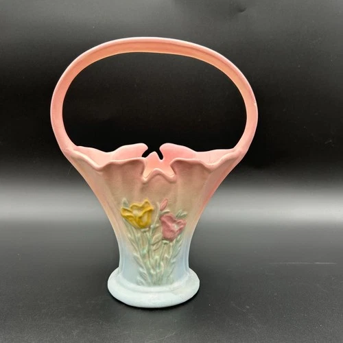 Vtg Hull Art Pottery Poppy Basket Vase with Handle 601-9 USA Pink Yellow Blue
