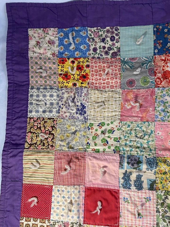 Manta sentada vintage hecha a mano con retazos con borde púrpura 32 X 29 pulgadas Foto 3 de 4