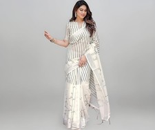 Women's Cotton Linen Printed Saree with Unstitched Blouse Piece
