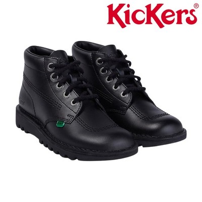 Kickers Unisex Jungen Mädchen Schwarz Leder Schulschuhe Stiefel Kick Hi Top KF0000409