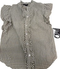Veronica Beard Tenille Gingham Short Sleeve Ruffle Button Down Shirt S Olive Top
