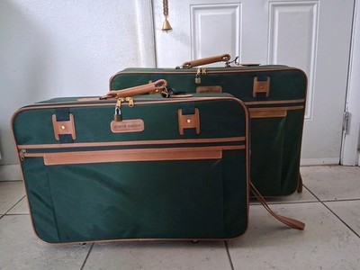 Vtg Pierre Cardin Dk Green Canvas Suitcases Tan Leather Handles + Trim Set Of 2