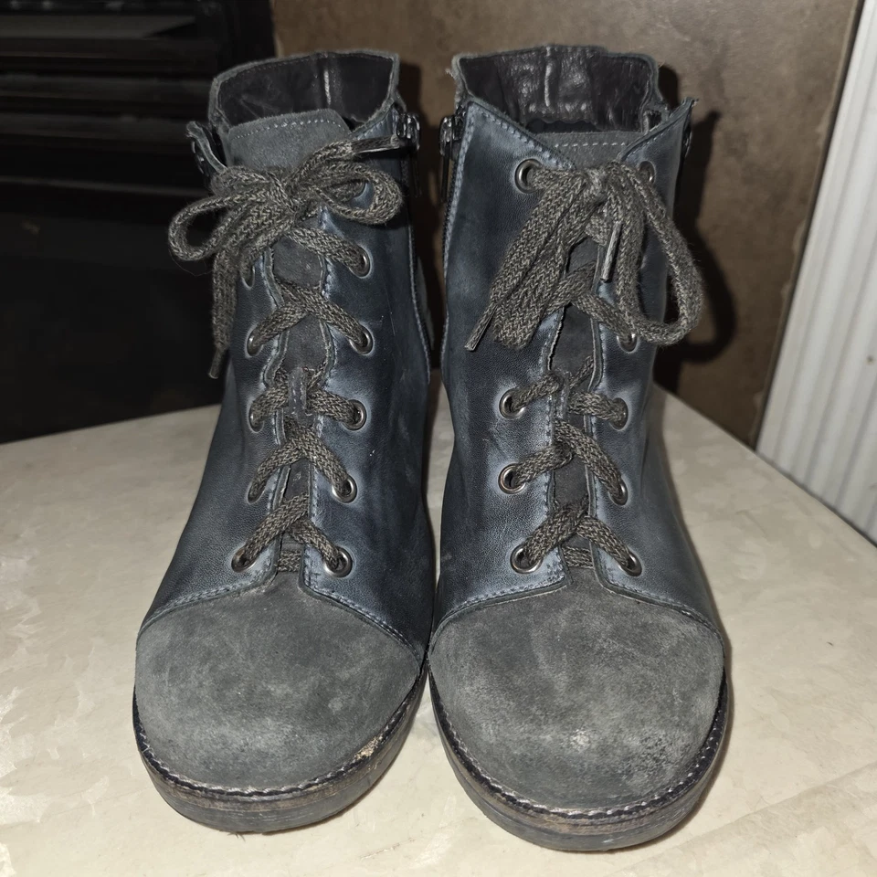 Botines NAOT GROOVY Talla 7 Gris Aceitoso Cuero Brulido Envejecido Con Cordones Cremallera Foto 3 de 4