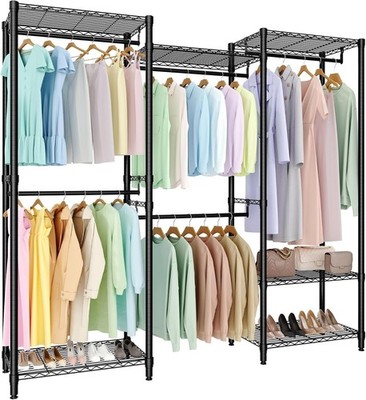 Heavy Duty Clothes Rack Clothing Garment Rack with 5 Hang Rods & 6 Storage Self