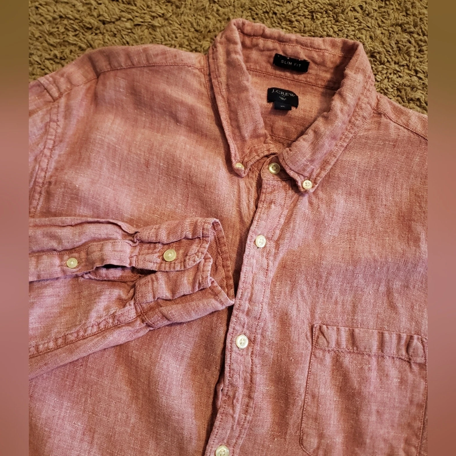 J. Crew 100% Linen Button Down Long Sleeve Shirt Red Mens XL Slim Fit