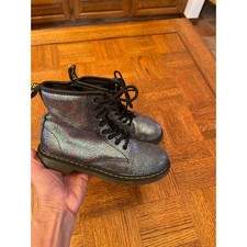 Dr. Martens kids' boots in a black holographic or iridescent patent leather 3