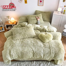 Chovy Faux Fur Plush Light Green Comforter Cover Duvet Cover King - 3PC Bed Set