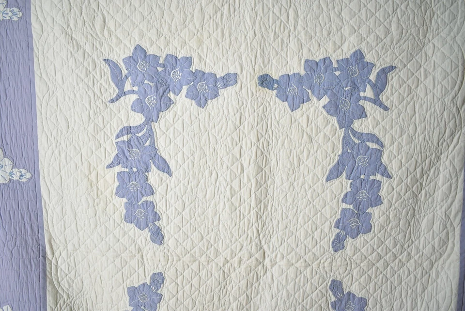 HERMOSO Edredón Antiguo Vintage Azul y Blanco Apliques Gladiola ~ ¡Bonito Acolchado! Foto 2 de 4