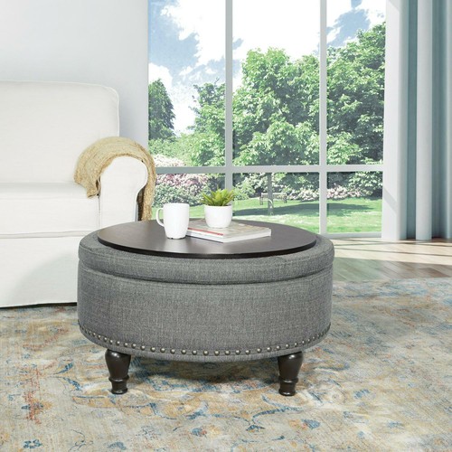 Large Round Storage Ottoman w/ Flip Top Surface Nailhead Trim Footrest Home NEW - 第 3/28 張圖片