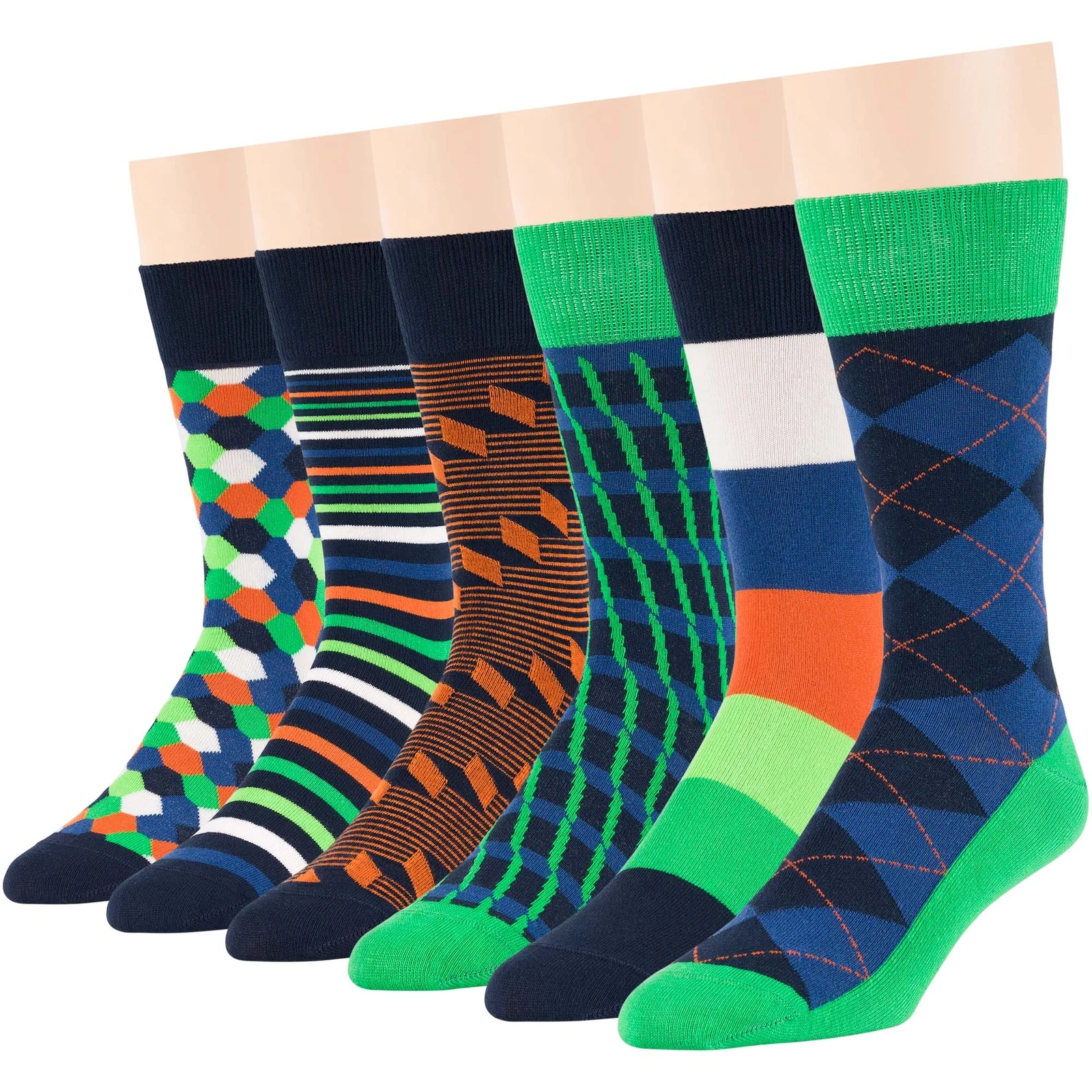 Men Cotton Novelty Socks 6 Pack Diamond Argyle Stripes Large Navy Blue Green