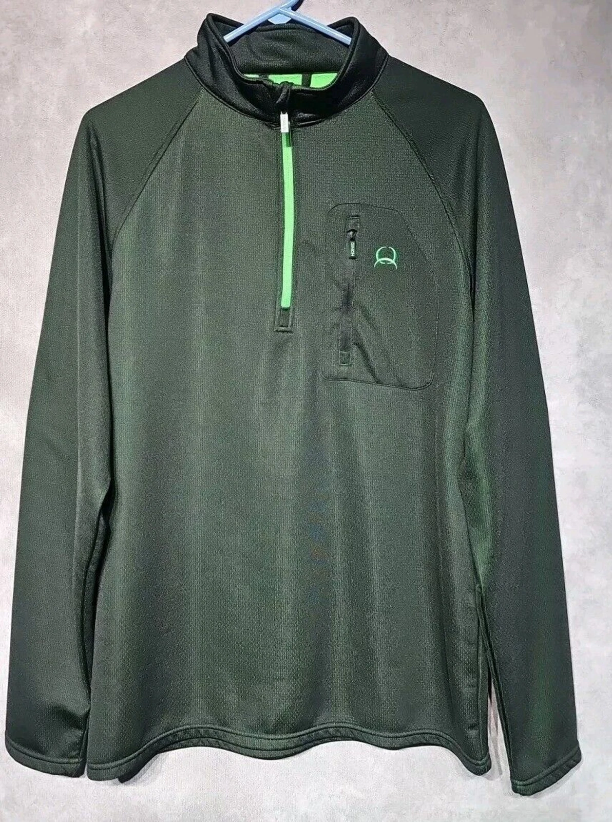 Cinch Mens Pullover Sweater Medium Black Green 1/4 Zip Mesh Western Pocket Logo